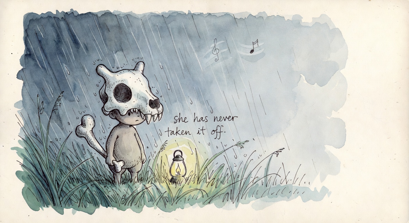 A small Cubone in the rain wearing an oversized Marowak skull, alone in tall grass.