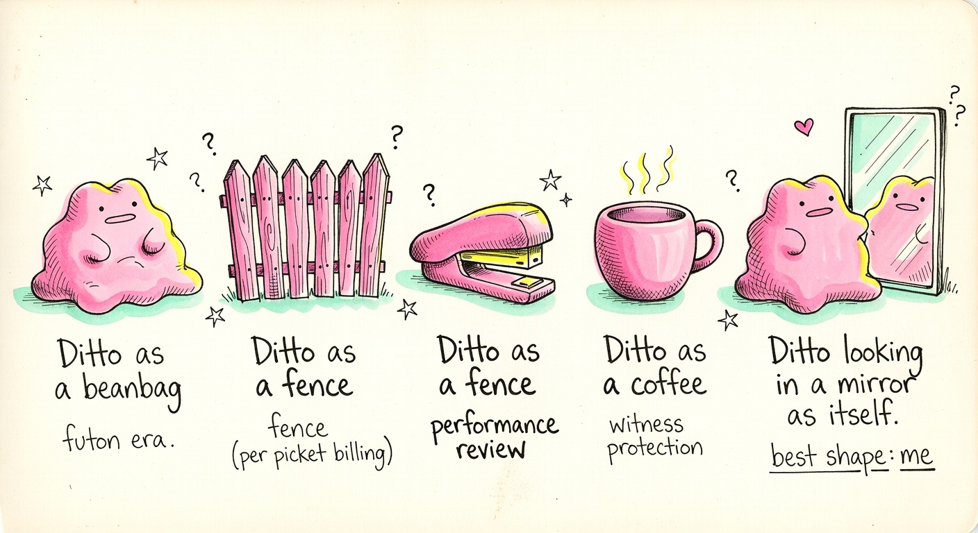 A comic strip of Ditto transformations — beanbag, fence, stapler, coffee mug, mirror — labeled with the absurd captions from the story.