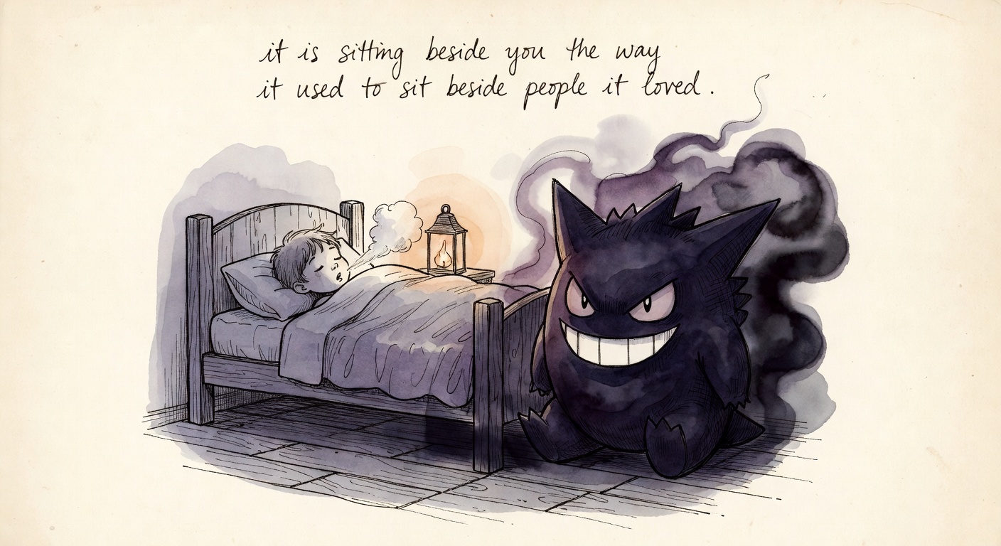 A Gengar shadow seated quietly at the foot of a child's bed, its grin recast as the rictus of grief.