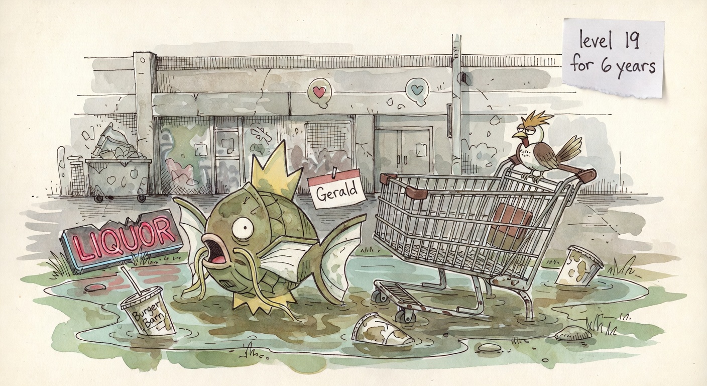 A glum Magikarp floating sideways in a puddle behind a strip mall, name tag reading 'Gerald'.
