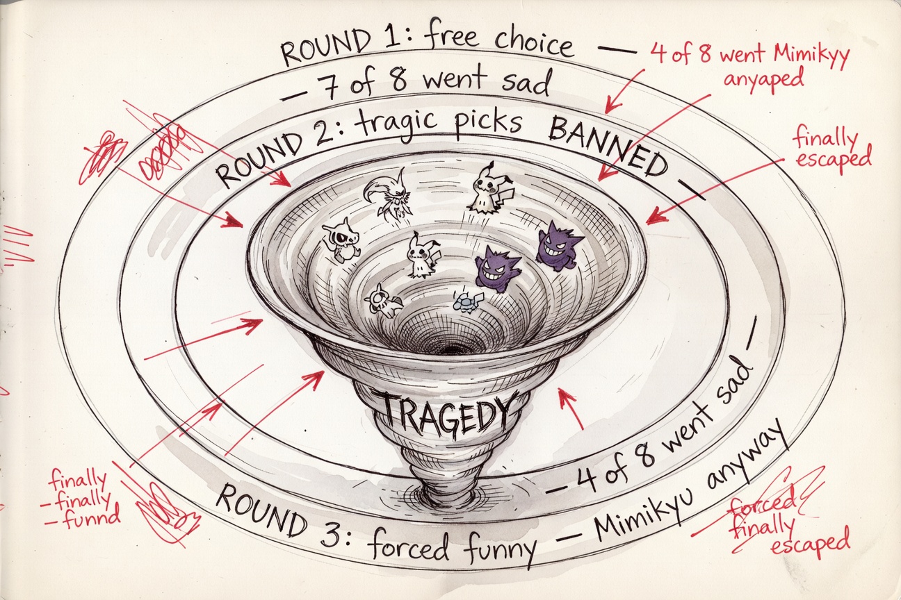 A hand-drawn diagram of a 'tragedy' gravity well with eight pokemon icons being pulled toward it, with annotations describing how each round of prompting failed to escape it.