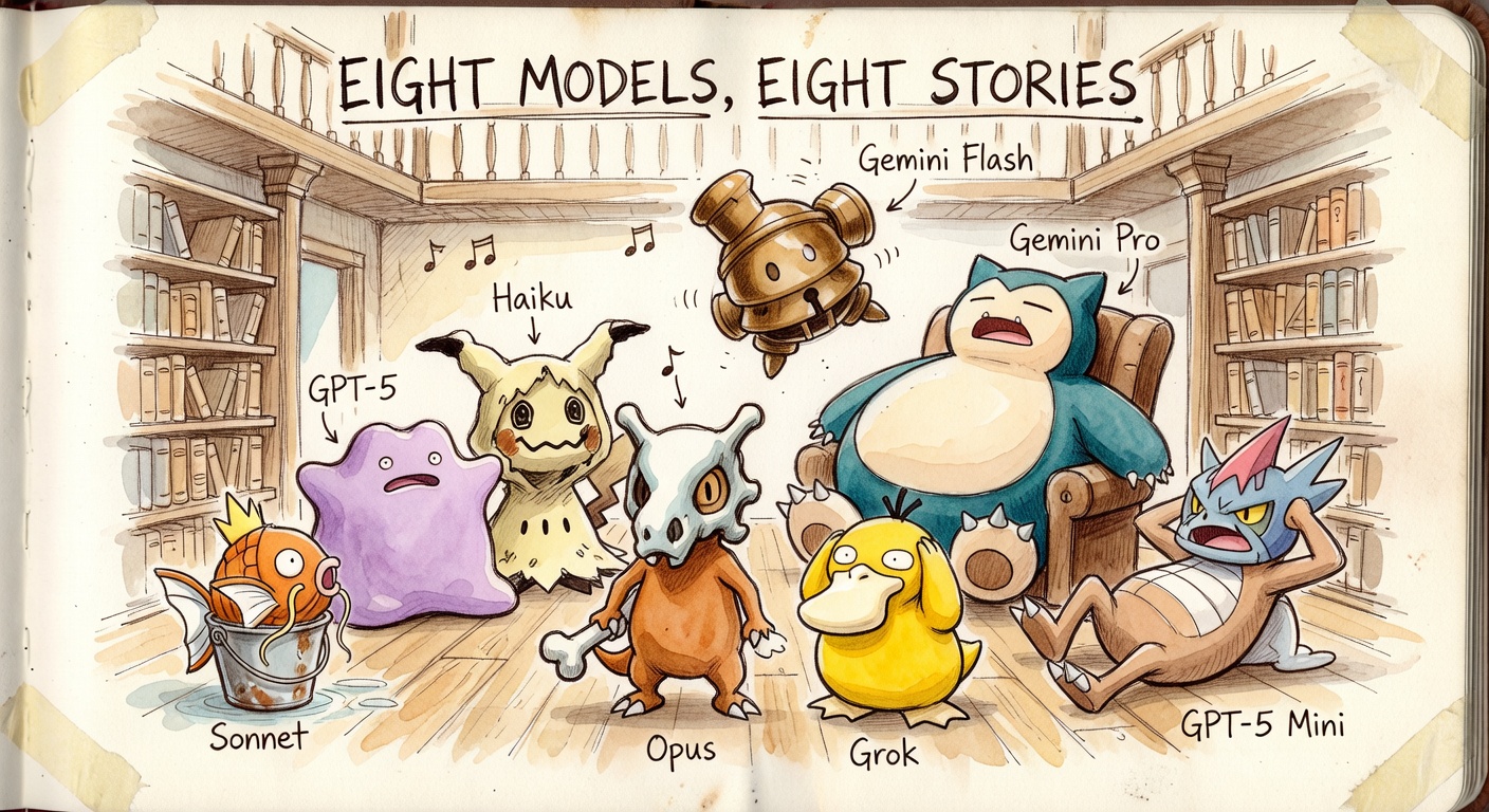 A choir of Pokémon storytellers in sketchbook style, each labeled with the name of an LLM.