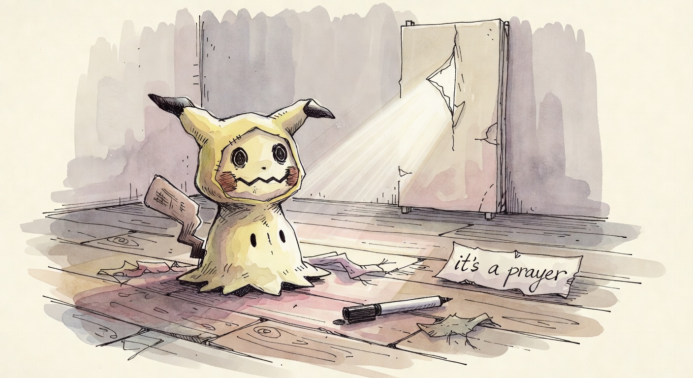 A Mimikyu in its handmade Pikachu disguise, sitting alone in a beam of light, with a hand-lettered note reading 'it's a prayer'.