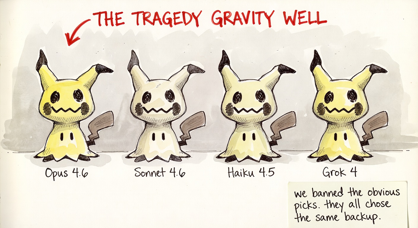 Four nearly identical Mimikyu in their handmade Pikachu disguises, lined up in a yearbook row, each labeled with a different model name.