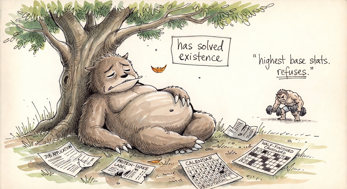 A Slaking sprawled under a tree, surrounded by abandoned objects of ambition, labeled 'has solved existence'.