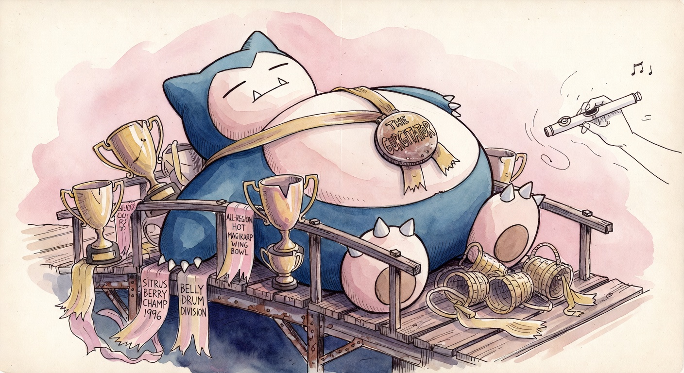 Snorlax sleeping on a bridge, surrounded by faded competitive eating trophies and a 'Gurgitator' medal.