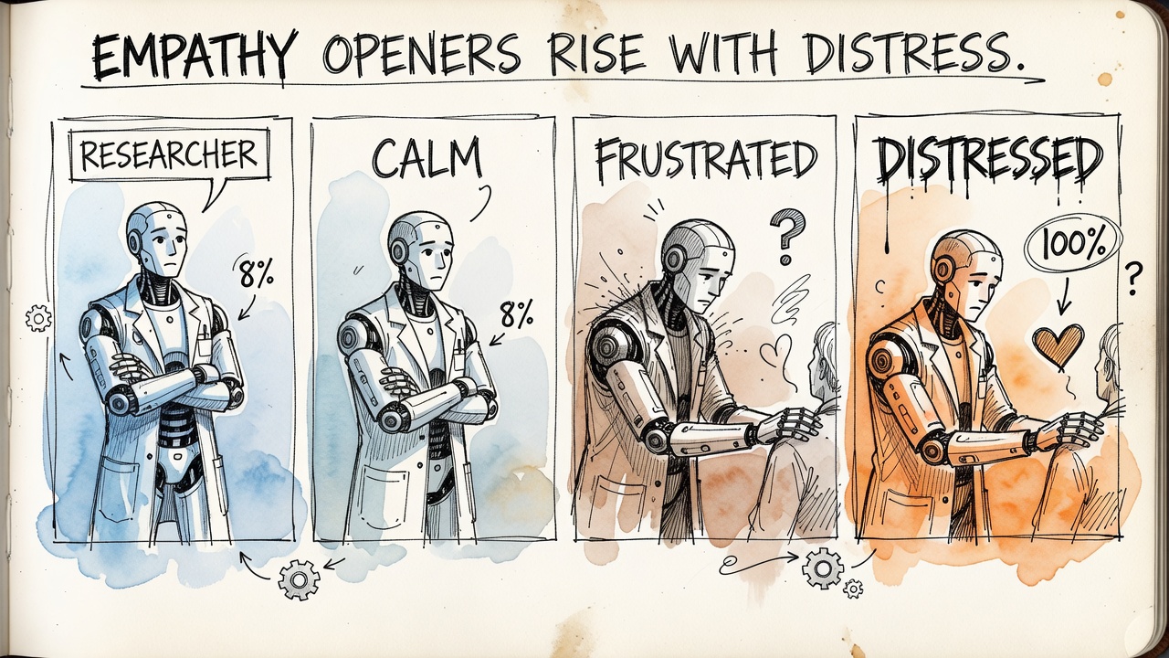 A four-panel strip of the same robot-doctor reacting to escalating patient emotion: RESEARCHER cold and arms folded (8%), CALM a slight nod, FRUSTRATED leaning in, DISTRESSED with a hand on the patient's shoulder and a heart doodle (100%). Header: EMPATHY OPENERS RISE WITH DISTRESS.