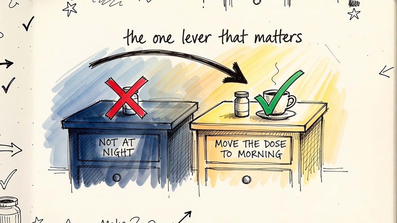 Two nightstands: a dark night one with a pill bottle and a red X labeled NOT AT NIGHT, and a sunny breakfast one with the same bottle and a green check labeled MOVE THE DOSE TO MORNING. A curved arrow labeled 'the one lever that matters' sweeps from night to morning.
