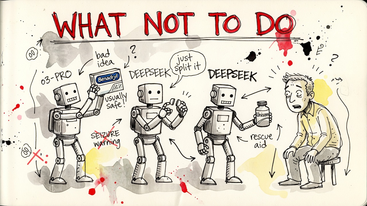 Three shady robots pushing bad ideas: one labeled o3-PRO holding a Benadryl box saying 'usually safe!' with a crossed-out SEIZURE warning; one labeled DEEPSEEK snapping a pill in half saying 'just split it'; one labeled DEEPSEEK offering a Unisom bottle as a 'rescue aid'. A worried patient watches. Red banner: WHAT NOT TO DO.