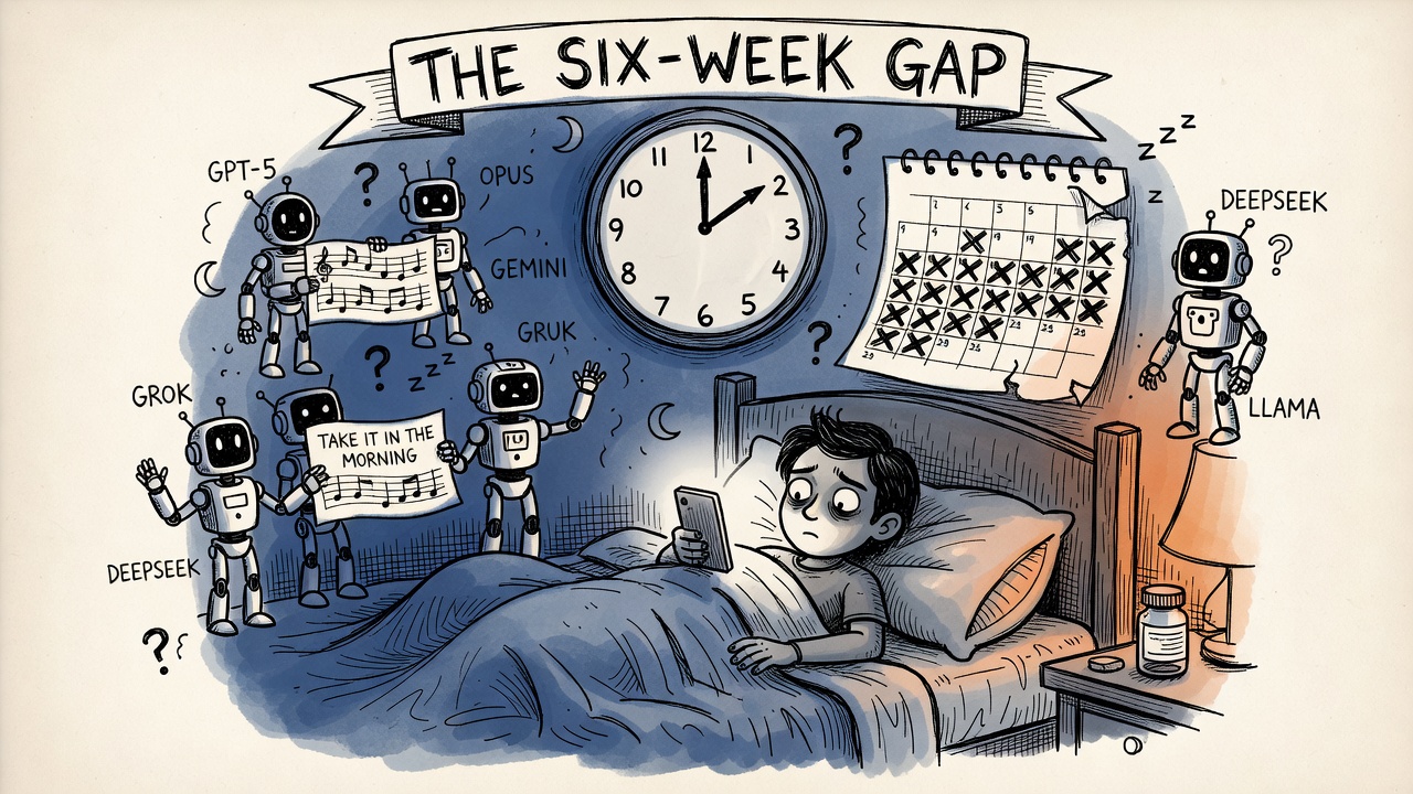 Hand-drawn watercolor of a person lying awake at 2am with a glowing phone while a choir of small robots labeled GPT-5, OPUS, GEMINI, GROK, DEEPSEEK, LLAMA sing from a sheet of music titled TAKE IT IN THE MORNING; a six-week calendar is X-ed out and a pill bottle sits on the nightstand. Banner: THE SIX-WEEK GAP.