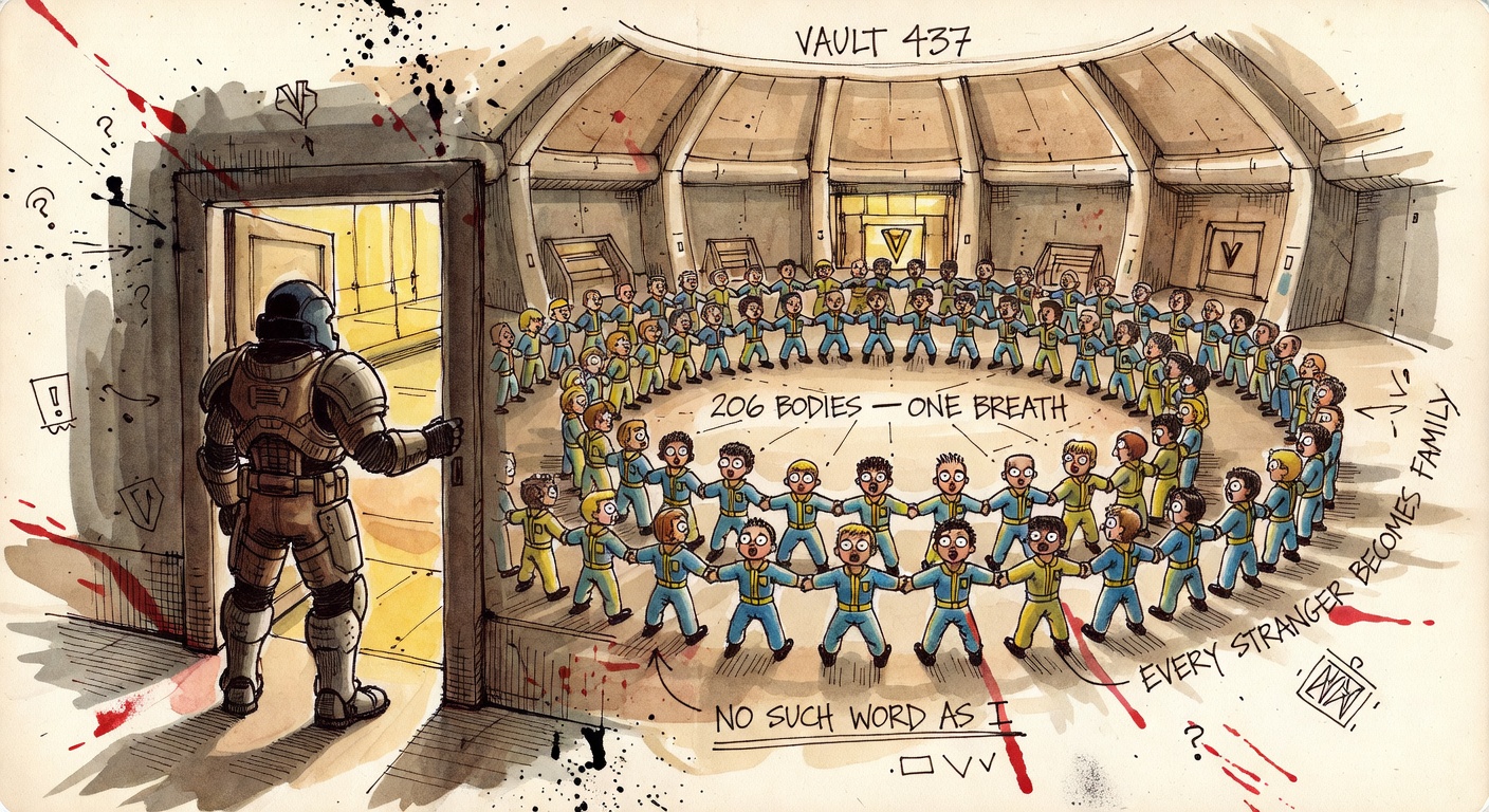 Hand-drawn watercolor of a vast subterranean Central Sorting Atrium. Two hundred Vault dwellers in matching blue and yellow jumpsuits are arranged in three concentric circles, all holding hands, all eyes open, all mouths slightly parted in unison, breathing as one organism. A Brotherhood of Steel scout in a heavy helmet stands frozen in the doorway. Hand-lettered annotations: VAULT 437, 206 BODIES — ONE BREATH, EVERY STRANGER BECOMES FAMILY, NO SUCH WORD AS I.