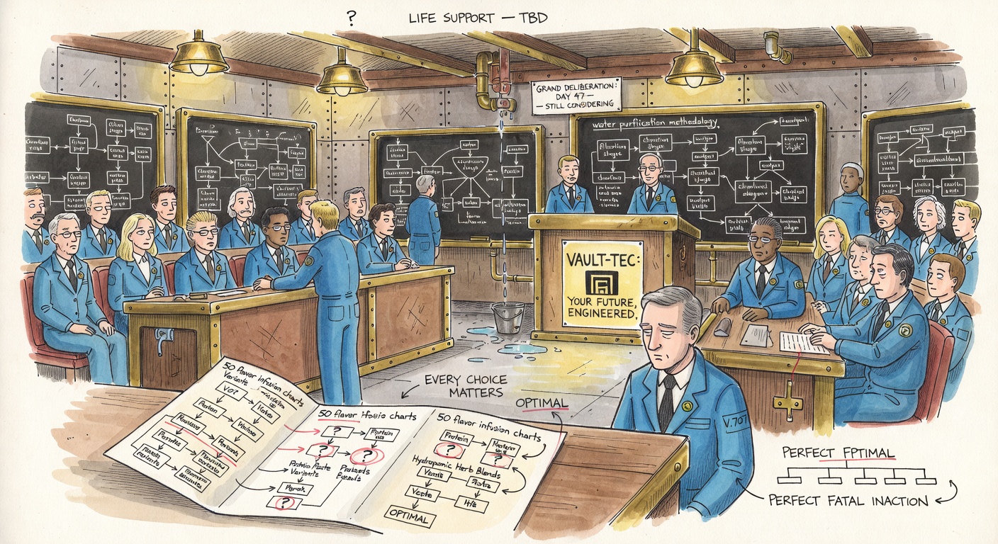Hand-drawn watercolor of a parliamentary chamber inside a Vault. Dozens of residents in formal jumpsuit-and-tie attire, lecterns and blackboards covered in flowcharts about water purification methodology. A leaking ceiling pipe drips behind them. Hand-lettered: GRAND DELIBERATION DAY 47, LIFE SUPPORT — TBD.