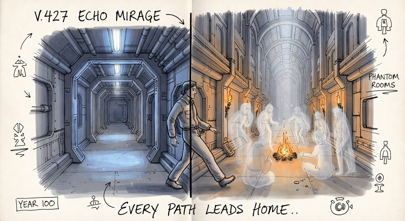 Hand-drawn watercolor of a Vault corridor split visually in half. The left side shows a real corridor in dim emergency lighting, completely empty. The right side shows the same corridor stretched into a vast cathedral-like impossible perspective with shimmering ghostly echo-figures of ancestors gathered around a campfire. A single resident at the boundary is stepping from real into hallucinated space.