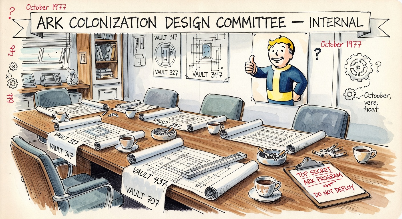 A 1950s Vault-Tec design office at golden hour. A long oak conference table buried under unrolled blueprints labeled VAULT 317, VAULT 327, VAULT 347, VAULT 437, VAULT 707. A smiling Vault Boy poster gives a thumbs up. A clipboard with red-ink notations reads TOP SECRET, ARK PROGRAM, DO NOT DEPLOY. Hand-lettered banner: ARK COLONIZATION DESIGN COMMITTEE — INTERNAL.