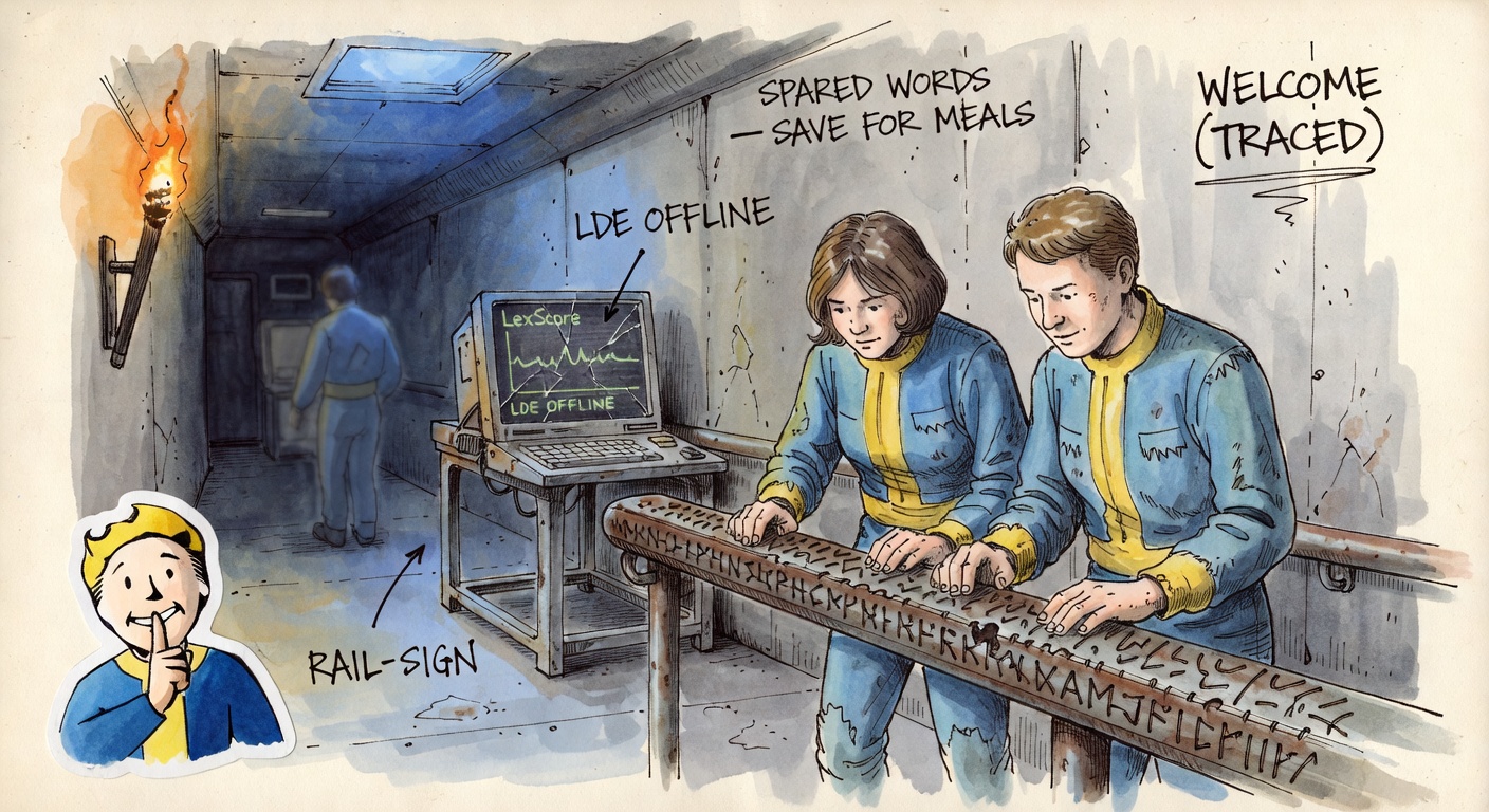 Hand-drawn watercolor of a dim Vault corridor where two residents in jumpsuits read a metal handrail with their fingertips. The handrail is covered in carved notches like a tactile alphabet. A defunct LDE terminal flickers with a flatlined LexScore graph in the background. Hand-lettered annotations: RAIL-SIGN, SPARED WORDS — SAVE FOR MEALS, LDE OFFLINE, WELCOME (TRACED).