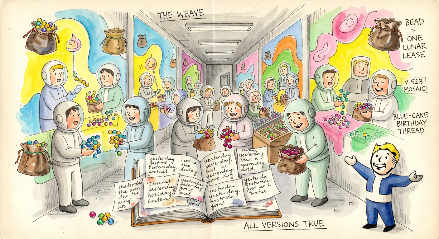 Hand-drawn watercolor of a marketplace inside a Vault corridor. Residents trade small colored glass beads from leather pouches. Strange overlapping murals on the walls show the same birthday party in three contradictory color schemes. Hand-lettered: THE WEAVE, BEAD = ONE LUNAR LEASE, V.523 MOSAIC, BLUE-CAKE BIRTHDAY THREAD, ALL VERSIONS TRUE.