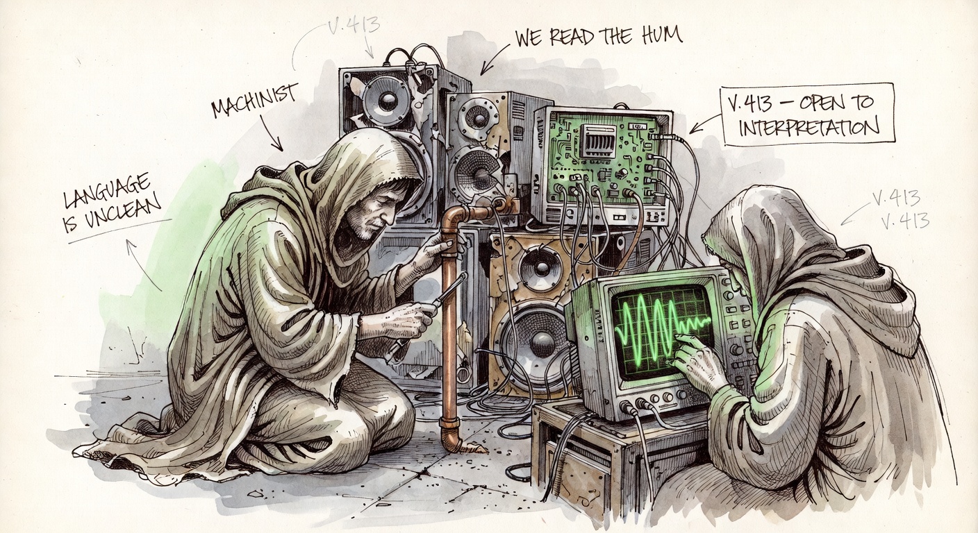 Hand-drawn watercolor of a robed silent resident kneeling before an oscilloscope screen, tapping a copper pipe. Behind them, dismantled PA speakers and computer terminals are wired into a sensitive vibration listening rig. Another resident reads the wiggling green CRT waveform like scripture. Hand-lettered: MACHINIST, WE READ THE HUM, LANGUAGE IS UNCLEAN, V.413.