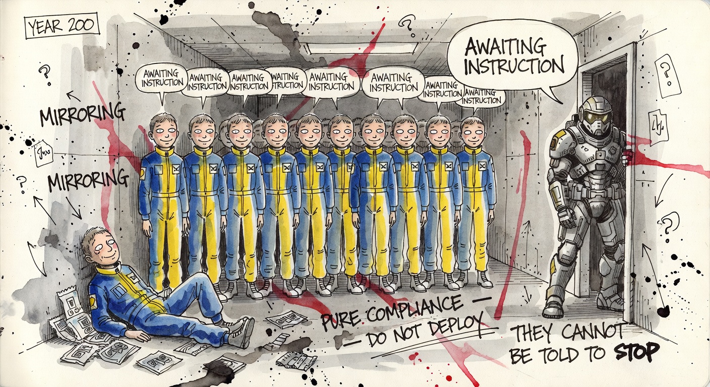 Hand-drawn watercolor of a row of identical Vault dwellers standing motionless in matching jumpsuits, all with the same blank smile, awaiting an instruction. In the foreground a slumped catatonic resident sits against a corridor wall. An Enclave soldier in power armor stands frozen in the doorway. Hand-lettered annotations: MIRRORING, PURE COMPLIANCE — DO NOT DEPLOY, YEAR 200, THEY CANNOT BE TOLD TO STOP.