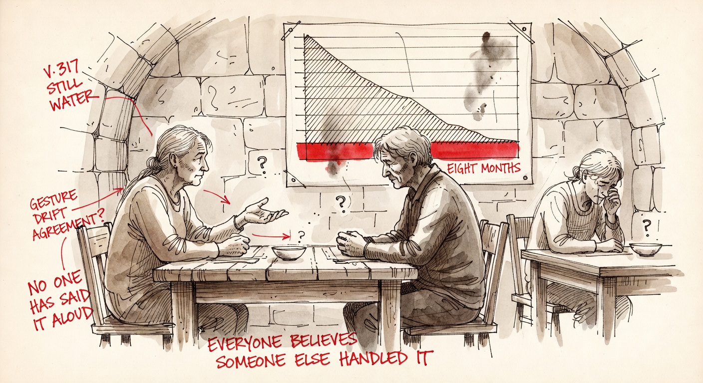 Hand-drawn watercolor of a quiet Vault dining hall. Two residents seated across from each other in silence, communicating with a single subtle hand gesture. Behind them a wall-mounted soybean storage chart shows reserves dropping into a red zone marked EIGHT MONTHS. Hand-lettered: V.317 STILL WATER, GESTURE DRIFT — AGREEMENT?