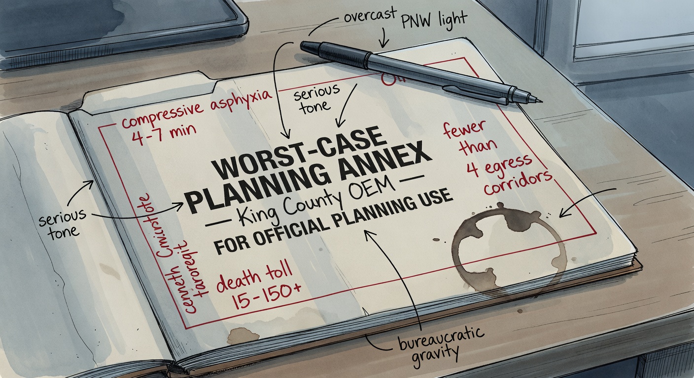 A manila planning-annex folder stamped 'King County OEM — For Official Planning Use' covered in red-ink margin notes.