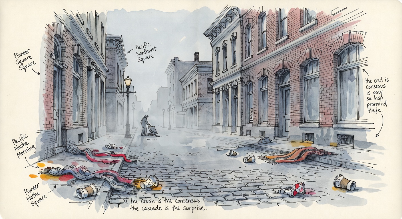 A quiet grey dawn over an emptied Pioneer Square the morning after, scattered scarves and cups in the narrow street.