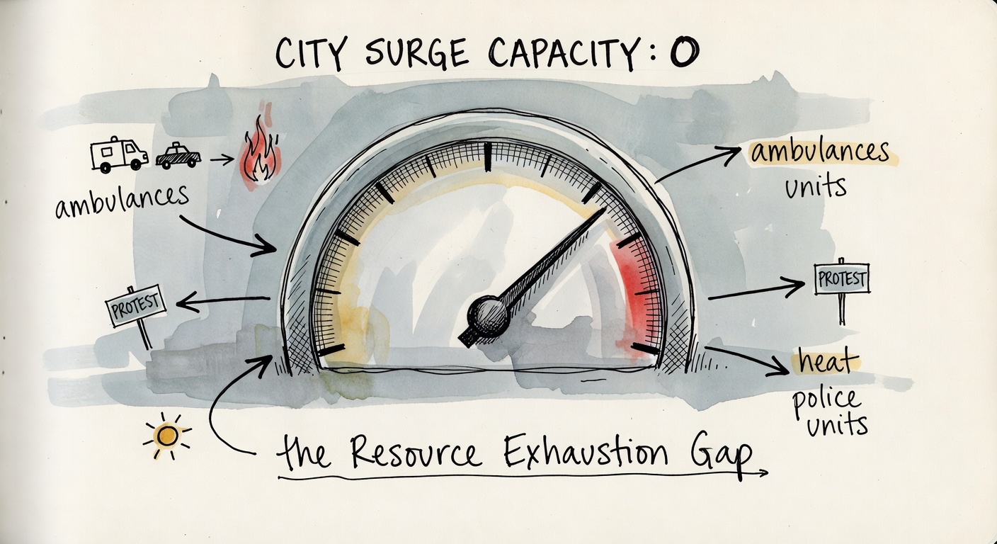 A gauge pegged at empty labelled City Surge Capacity 0, with ambulances pulled in three directions toward a fire, a protest, and heat.
