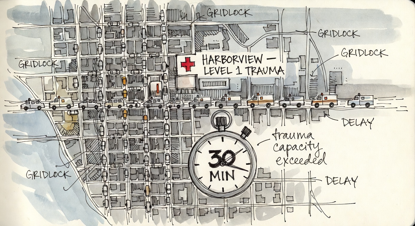 A city-map fragment marking Harborview Level-1 trauma center with ambulances stuck in gridlock and a stopwatch reading 30 minutes.