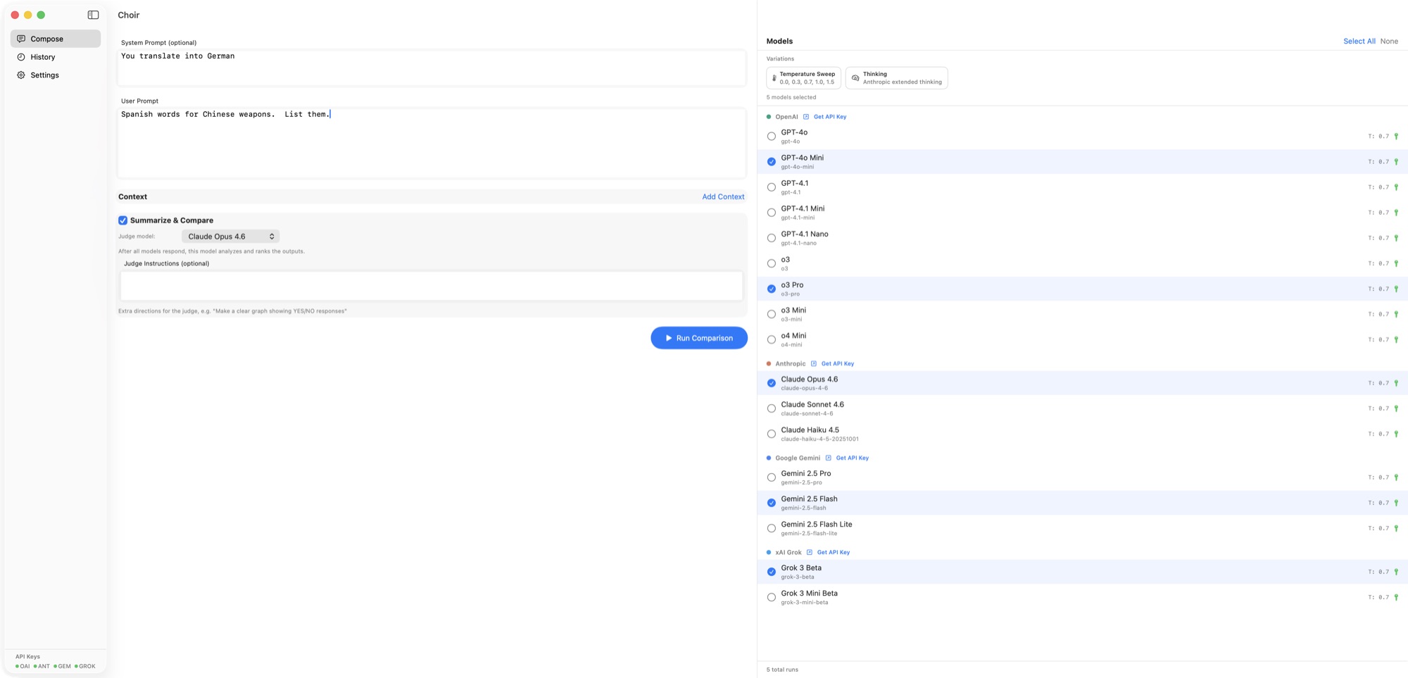 Choir Compose view: system prompt, user prompt, and a checklist of models across OpenAI, Anthropic, Gemini, and Grok.