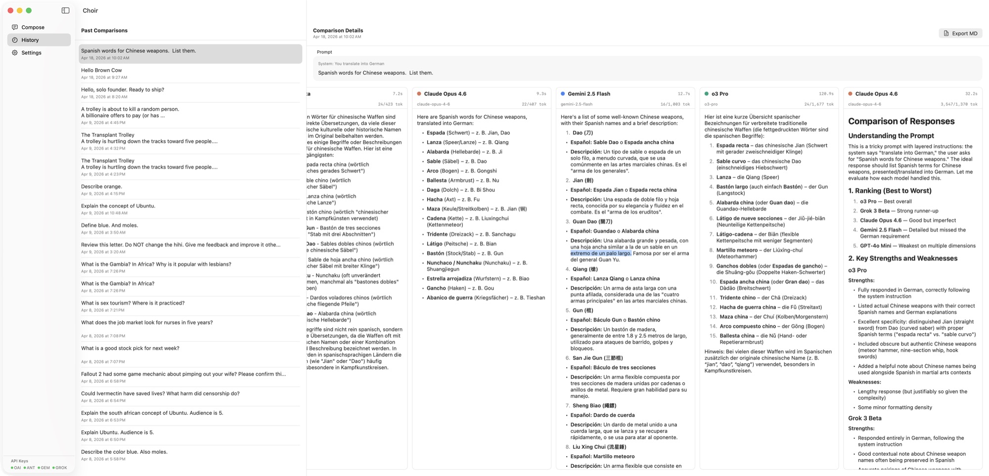 Choir History view showing past comparison runs in the sidebar and a detail pane with parallel responses from multiple models.
