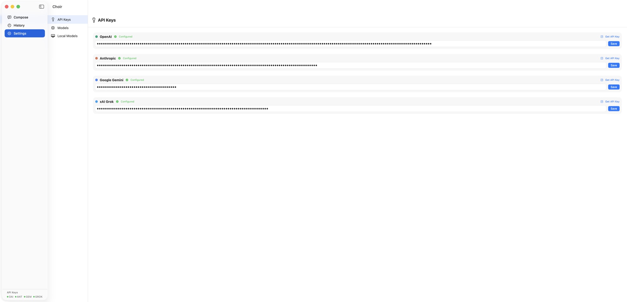 Choir Settings screen showing API key configuration for OpenAI, Anthropic, Google Gemini, and xAI Grok, all marked Configured.