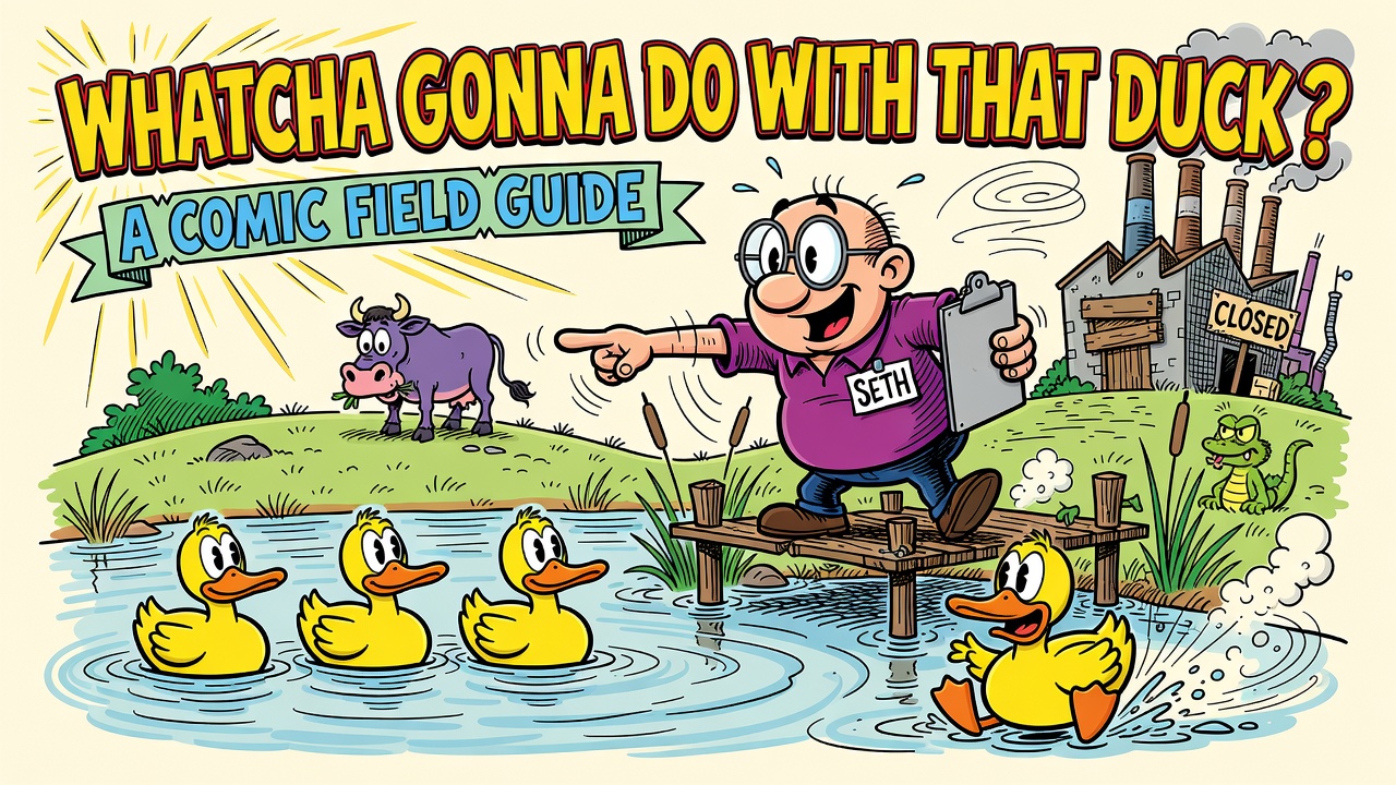 Cover: Seth, a cheerful bald cartoon man in a purple shirt, stands on a dock pointing at three ducks in a row on a pond while a fourth duck paddles away toward the horizon; a purple cow grazes on a hill and a boarded-up factory reads CLOSED. A giant banner reads WHATCHA GONNA DO WITH THAT DUCK?