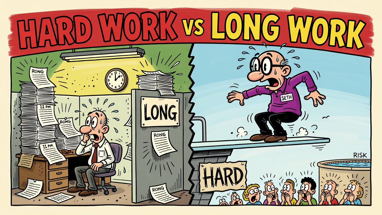 Cartoon panel: Hard Work vs. Long Work