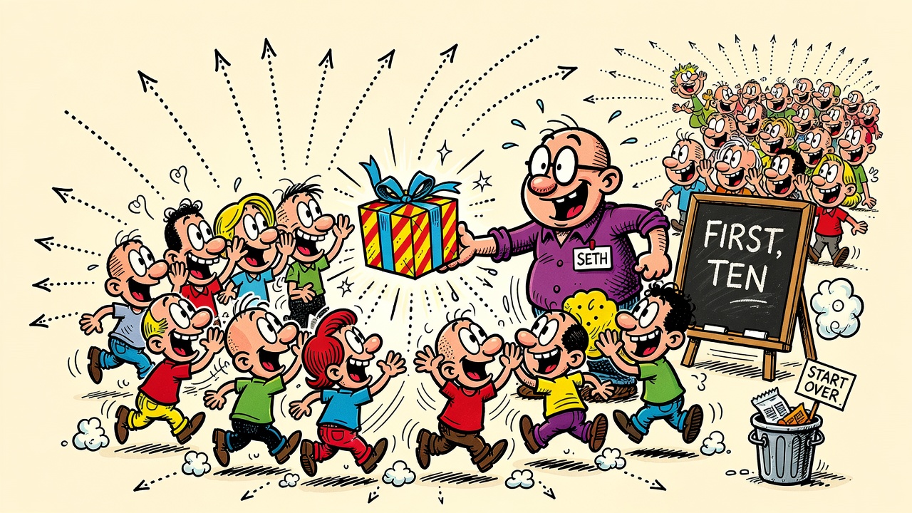 Cartoon panel: First, Ten