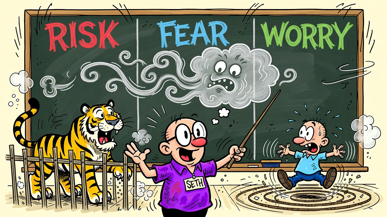 Cartoon panel: Risk, Fear and Worry