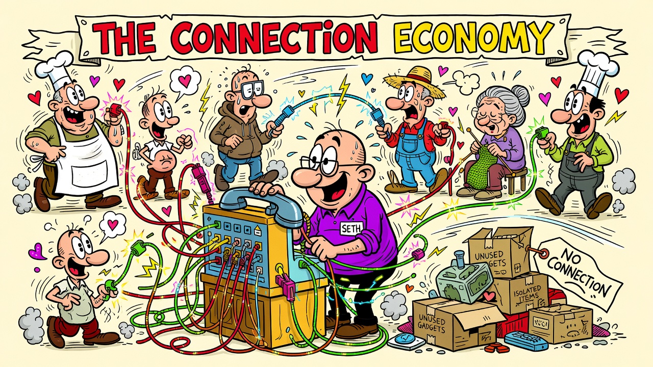 Cartoon panel: First, Connect