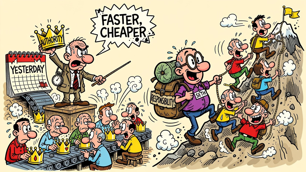 Cartoon panel: Management vs. Leadership