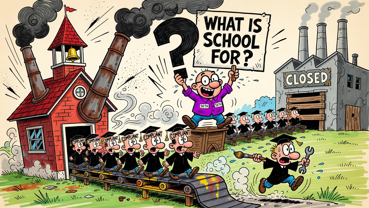 Cartoon panel: What Is School For?