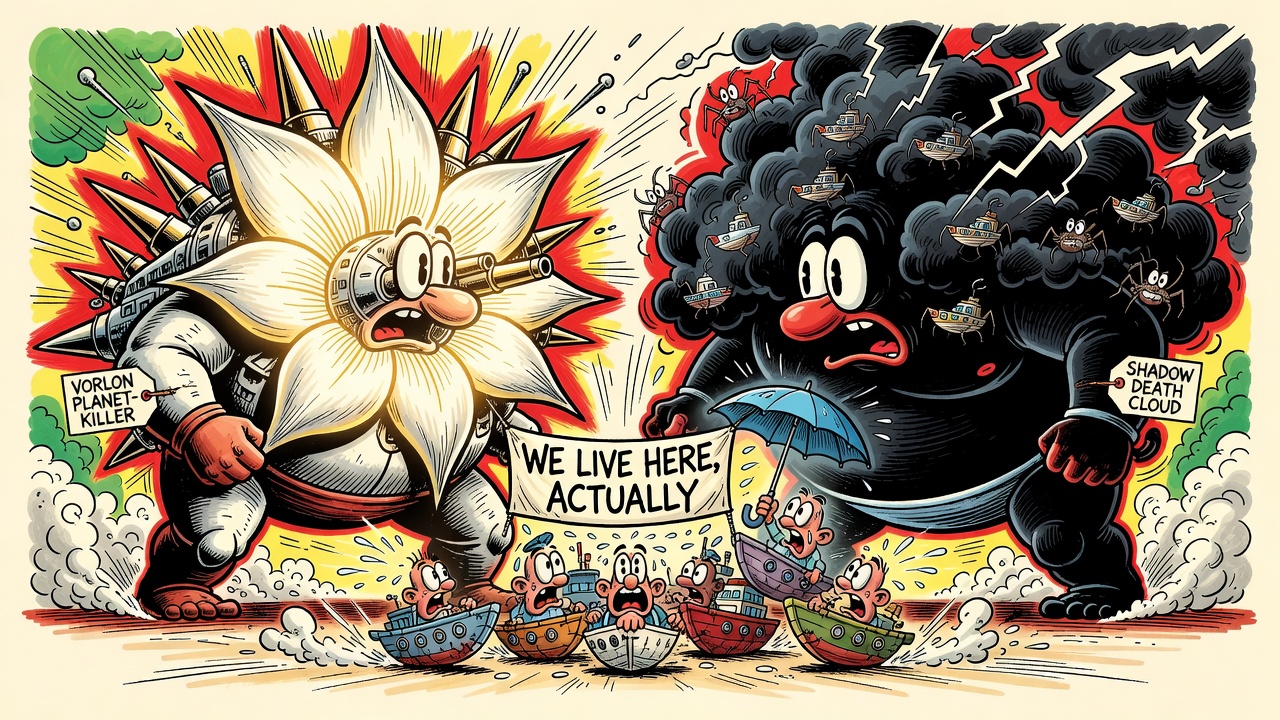 Cartoon panel: We Live Here, Actually