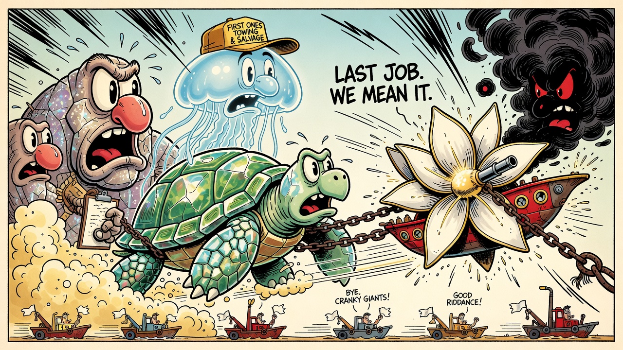 Cartoon panel: First Ones Towing and Salvage