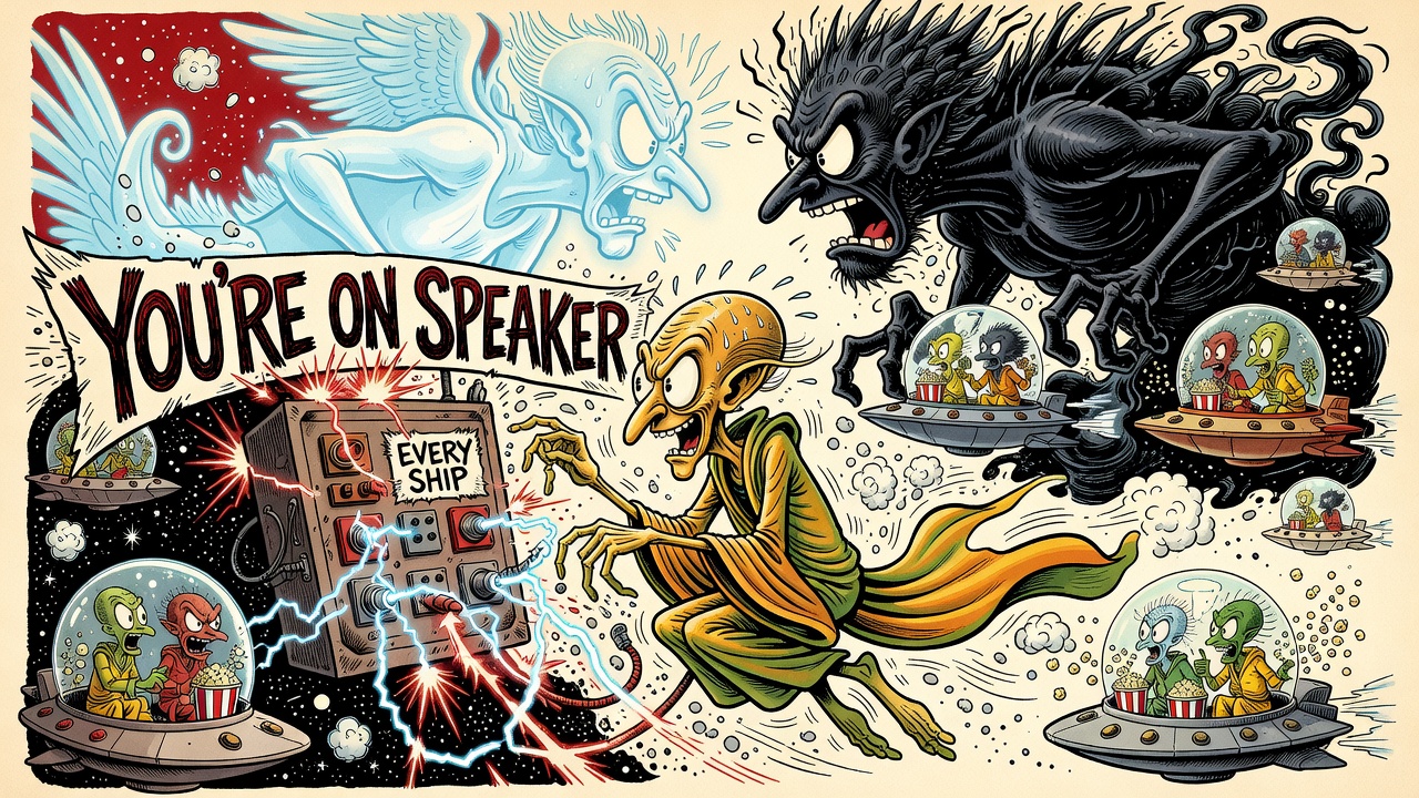 Cartoon panel: You're on Speaker