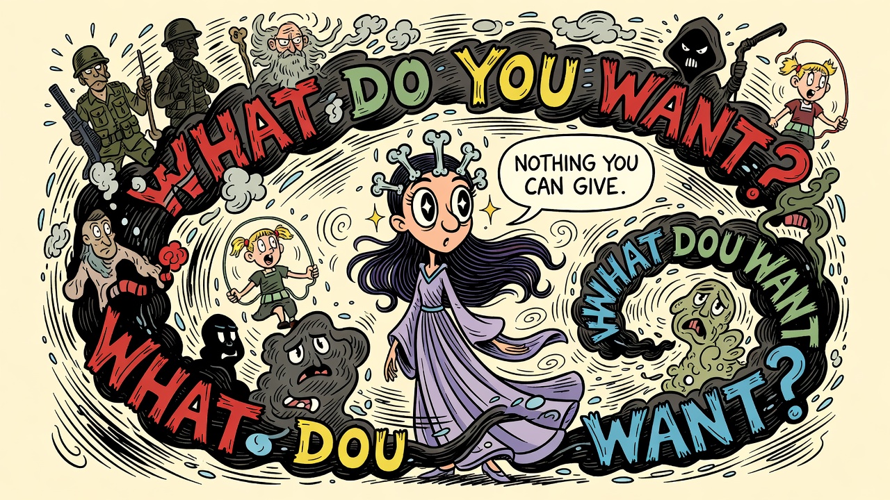 Cartoon panel: What Do You Want?