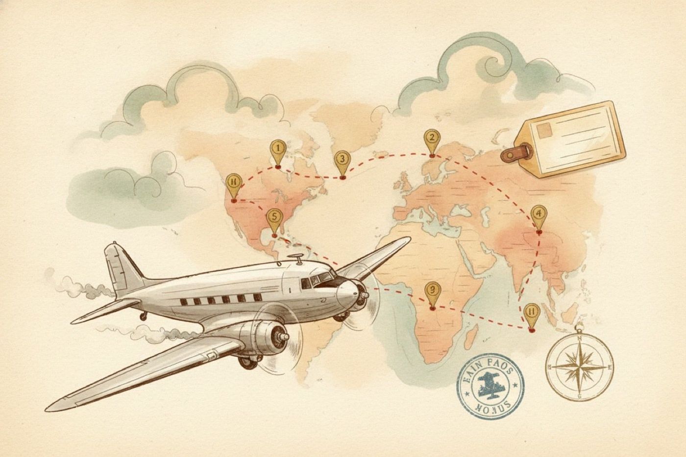 Watercolor illustration: a silver DC-3 propeller plane flies across a pastel world map, trailing a red dashed route that hops between numbered gold pins, with a luggage tag, a passport stamp and a compass rose around it.