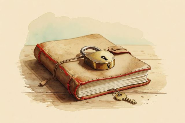 A small brass padlock resting on a closed leather journal.
