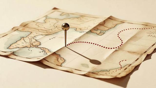 A brass map pin standing on an old folded map with a dotted route curving away.