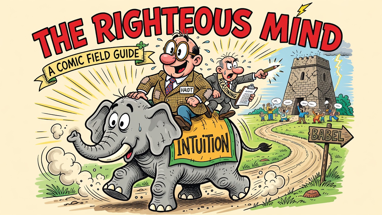Cover: Professor Haidt rides a huge elephant labeled INTUITION while a tiny suited rider labeled REASONING points forward; they head down a winding road toward a cracked tower marked BABEL.
