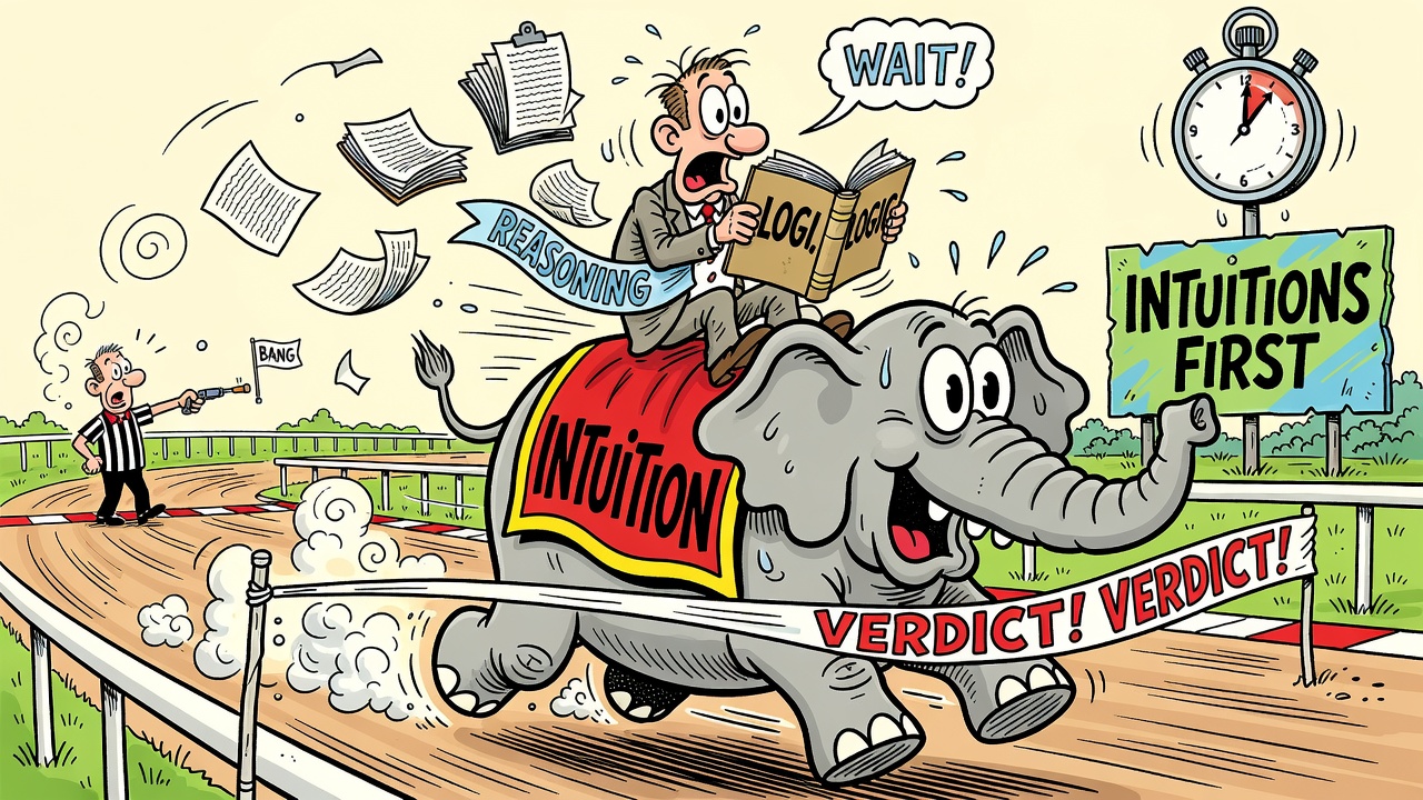 Cartoon panel: Intuitions Come First