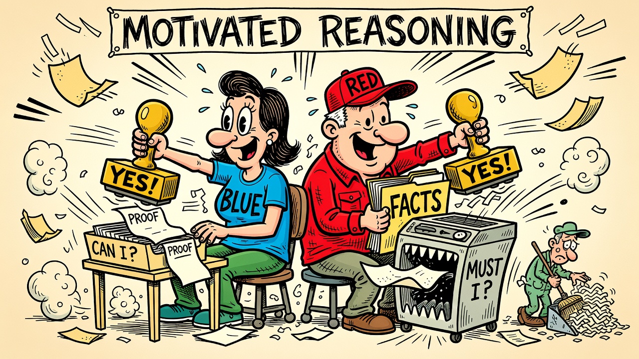 Cartoon panel: Can I? vs. Must I?