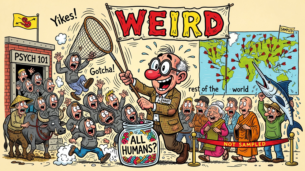Cartoon panel: The WEIRD Outliers