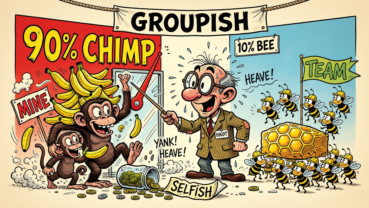 Cartoon panel: 90% Chimp, 10% Bee